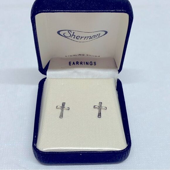 Vintage Baby or Childs Sterling Silver Cross Earrings .25” in Box Gorgeous - Picture 2 of 5